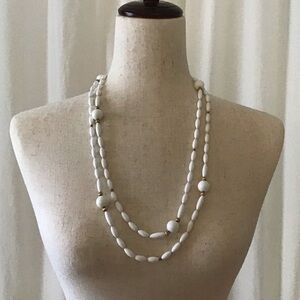 Vintage Monet Ex-Long White Beaded Necklace Gold Toned Accents 56”